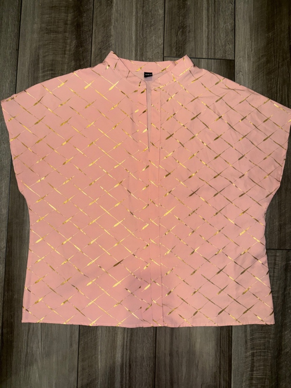 SHEIN Pink Metallic Gold Grid Cap-Sleeve Blouse (New)